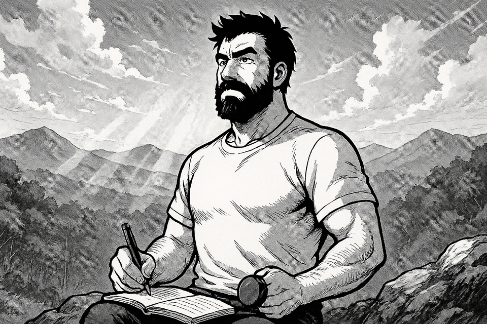 Vater sitzt im Sonnenschein mit Journal und Hantel