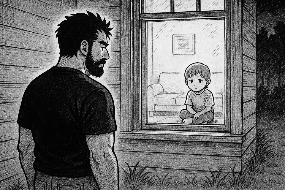 Kind blickt traurig aus dem Fenster. Draussen steht der Vater