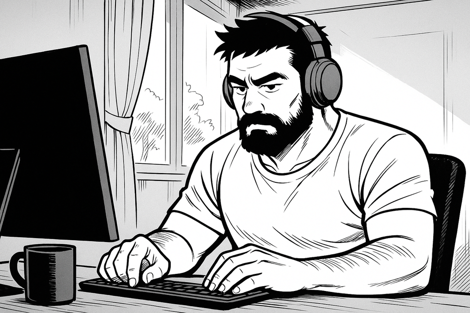 Vater arbeitet konzentriert am PC mit Kopfhörern