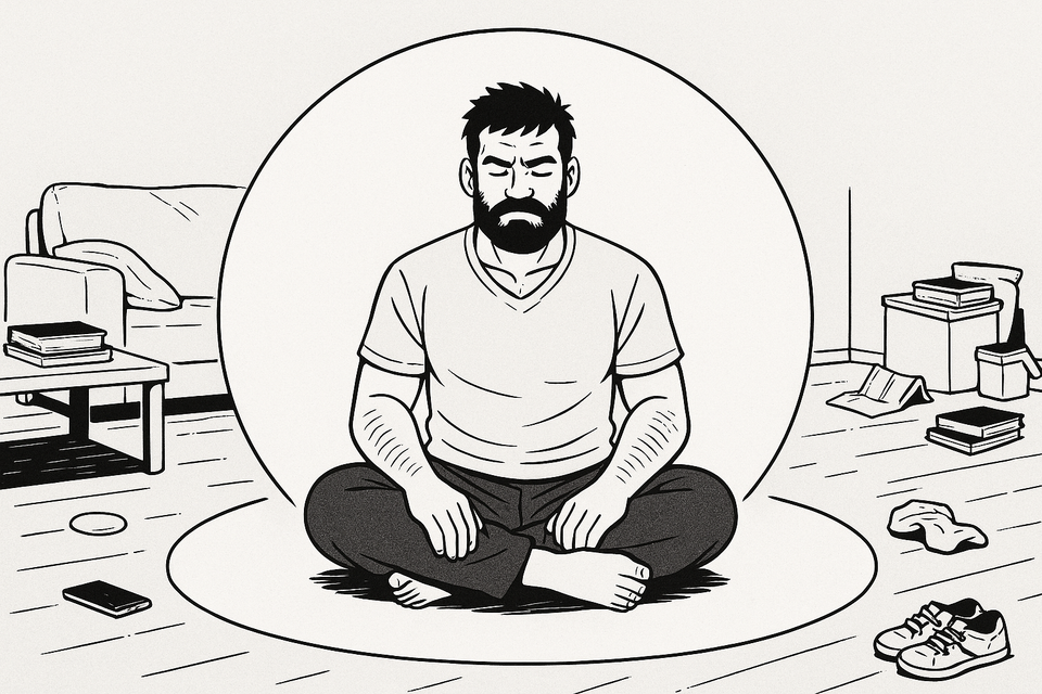 Vater sitzt fokussiert im Chaos des Alltags