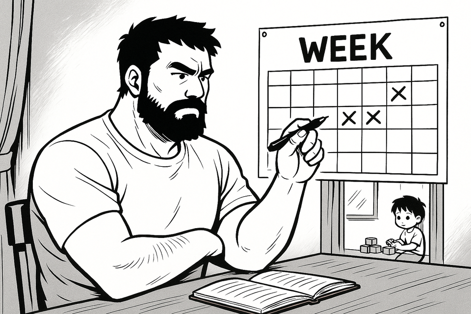 Vater plant die Woche, Kind spielt im Hintergrund