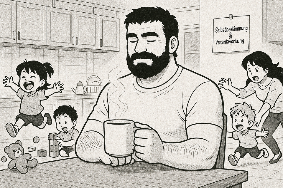Vater trinkt Kaffee mitten im Familienchaos