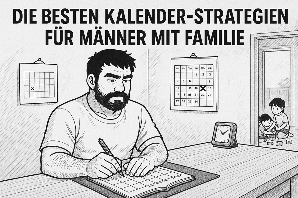 Vater schreibt in Kalender während Kinder spielen