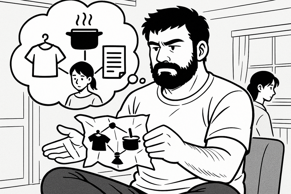 Vater mit Zettel in der Hand. Mutter sieht aus dem Fenster