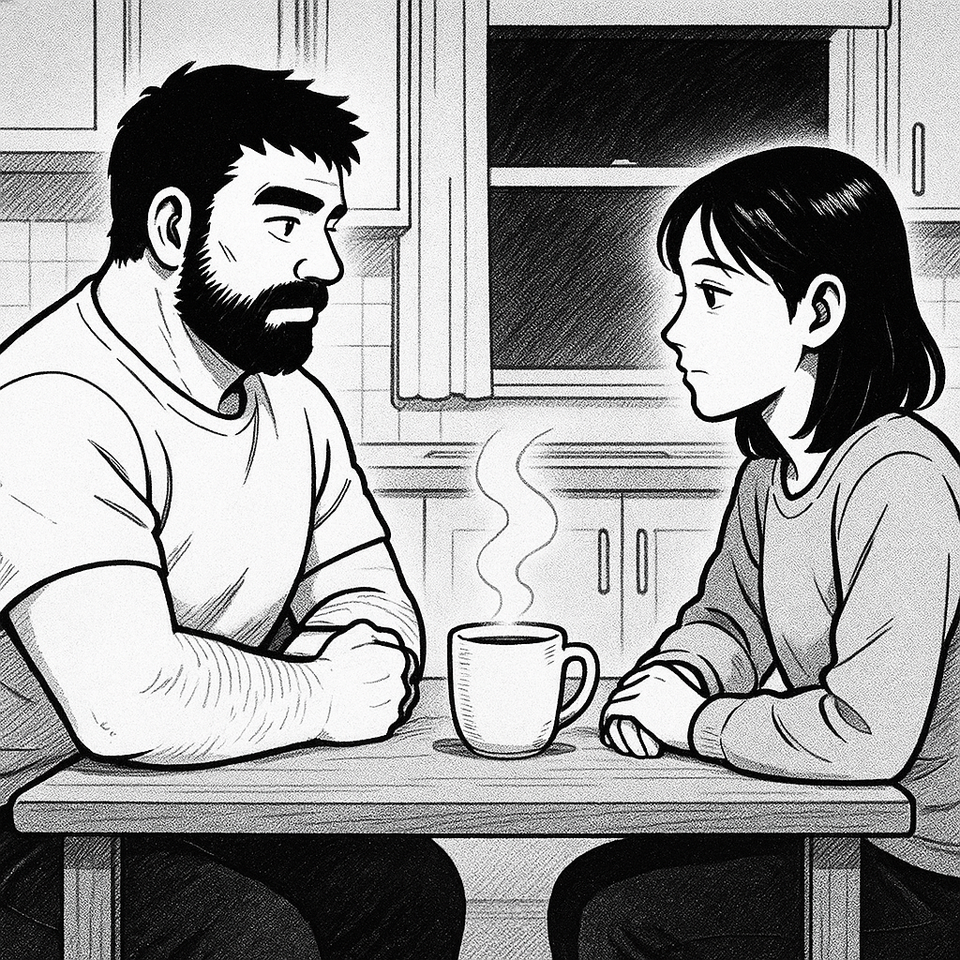 Vater und Frau sitzen Abends bei einem Kaffee